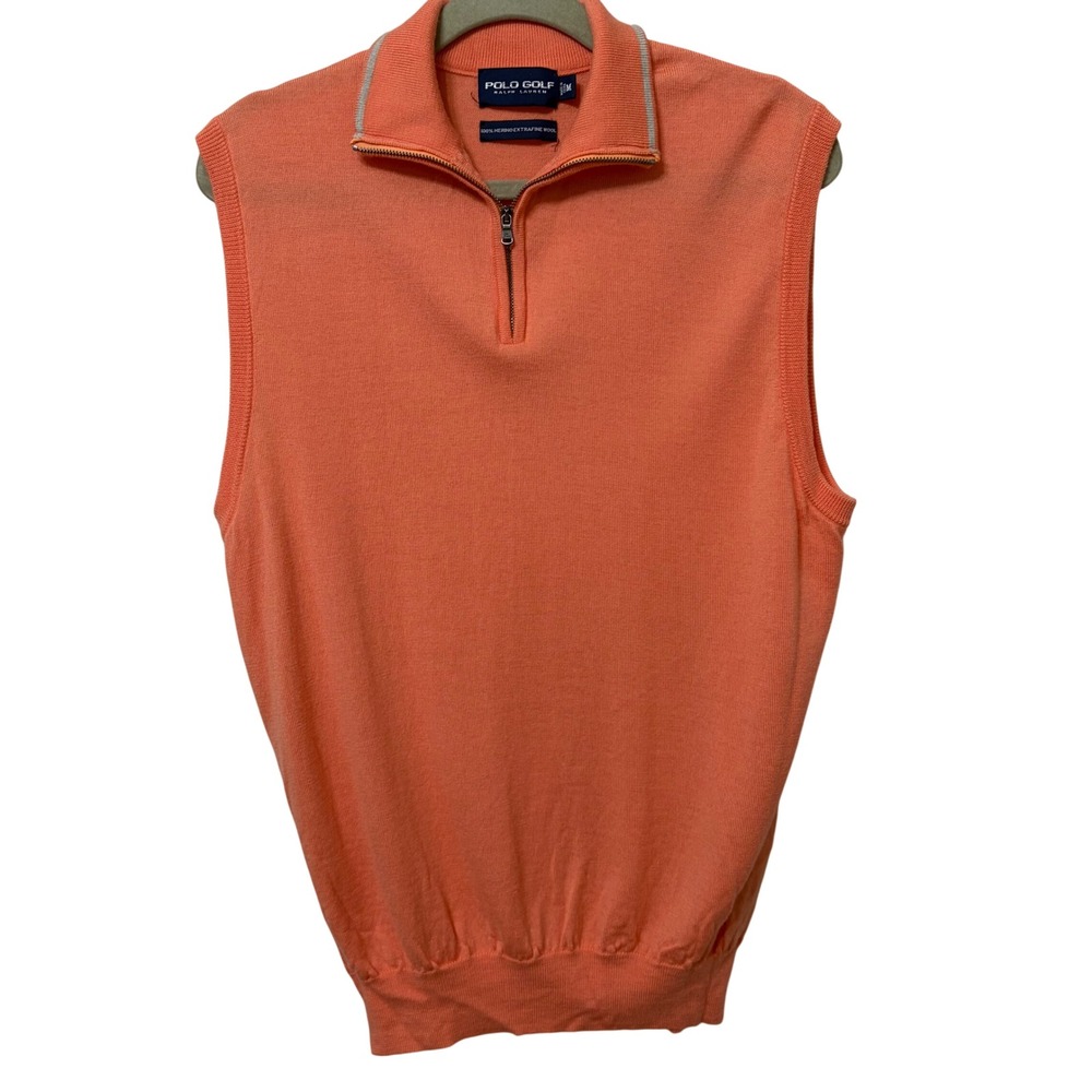 Polo Golf Ralph Lauren Mens Orange Merino Wool Quarter Zip Sweater Vest Size M